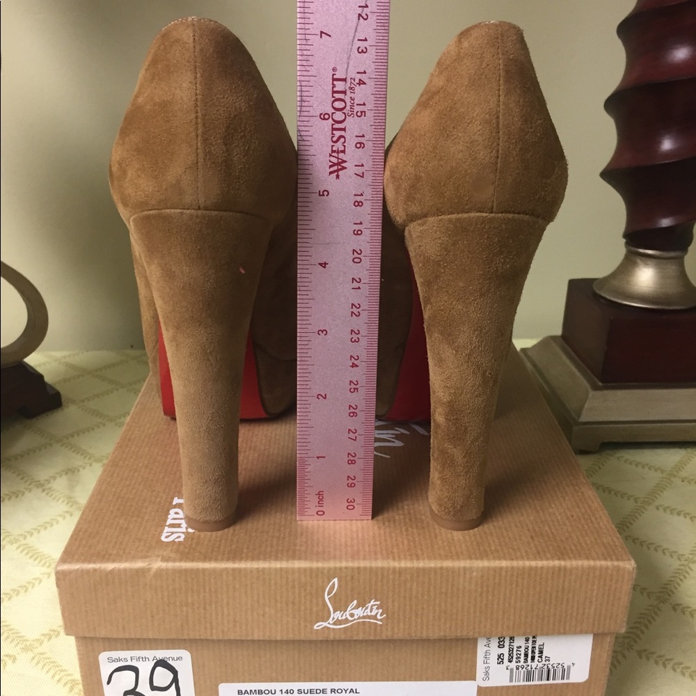 Christian Louboutin Brown Suede Peep-Toe Heels - Picture 5 of 6